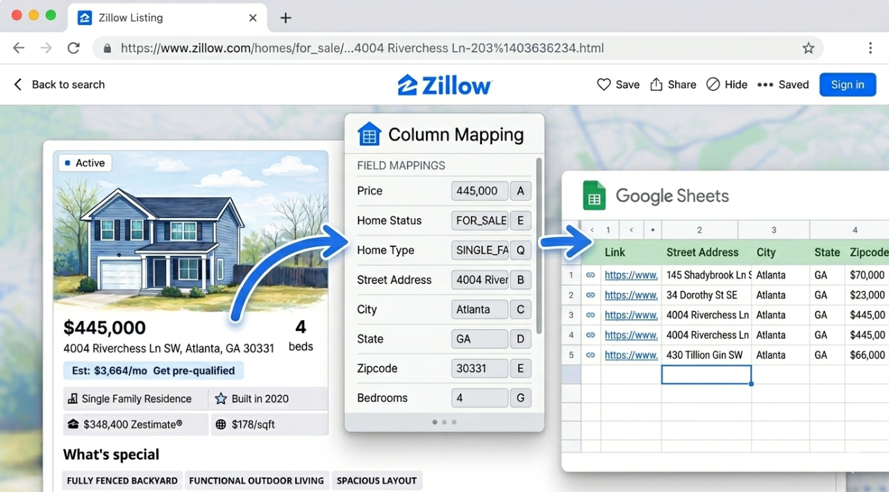 Listing2Sheets product demo — exporting Zillow listing data to Google Sheets